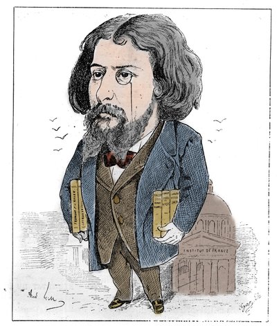 Tecknad av Alphonse Daudet (1840-1897), en fransk författare, representerad med sina böcker och sin monokel inför Institut de France i Paris. Teckning av Andre Gill. Gravyr i "" Le Monde Illustré"" av Andre Gill