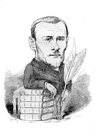 Tecknad av Georges Ohnet (1848-1918), en fransk författare som representerar med sina böcker och penna. Teckning av Andre Gill. Gravyr i "" Le Monde Illustré"" av Andre Gill