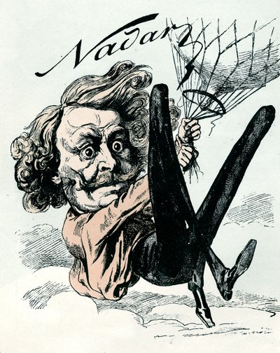 Tecknad film av Felix Nadar, pionjär inom flygbilden 1858, här hängande från hans ballong (gravyr) av Andre Gill