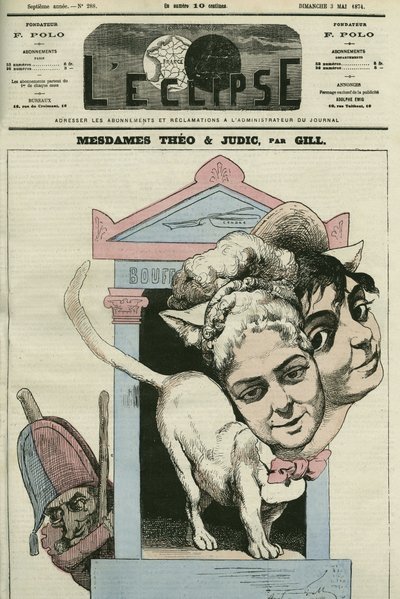 Tecknad serie av damerna Louise Theo och Anna Judic, sångare i en pjäs av Jacques Offenbach (1819-1880), kompositör. Omslag i "" L