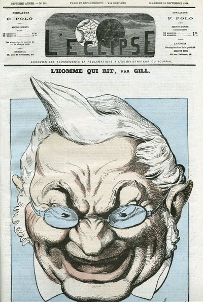 Tecknad film om "" mannen som skrattar"", Adolphe Thiers (1797-1877), fransk politiker. Omslag i "" L
