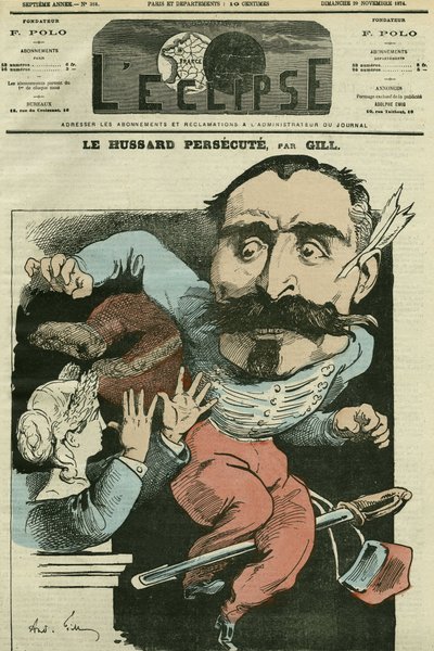 Tecknad "" husaren förföljer (av Marianne som gör sin näsa), Monsieur de Saint-Genest (Saint Genest). Omslag i "" The Eclipse"" av Gill, 29 november av Andre Gill