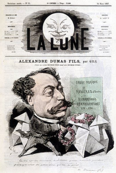 Komisk teckning på Alexandre Dumas Fils av Gill. Omslag "" La Lune"" från 1867-03-24. av Andre Gill
