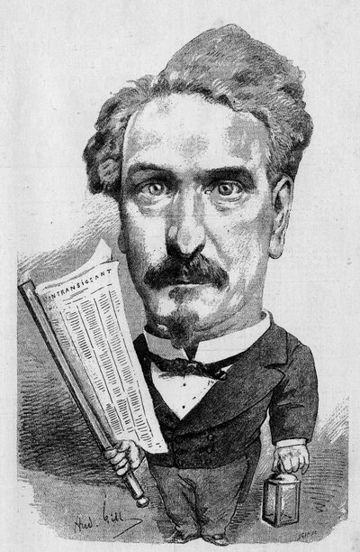 Teckning av Andre Gill som representerar Henri Rochefort (1831-1913), fransk journalist och politiker, i "" The Illustrous World" av Andre Gill