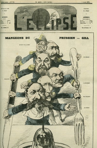 Låt oss äta preussiskt med generalerna Le Boeuf (1806-1893), Mac-Mahon (1808-1893), Francois Achille Bazaine (Francois-Achille) av Andre Gill