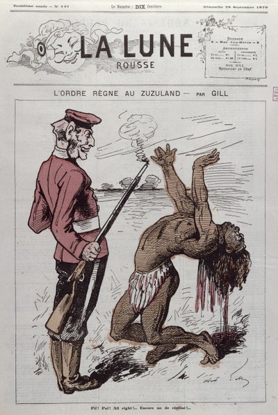 "Order Reigns in Zuzuland", karikatyr av den engelska koloniseringen av Sydafrika från "La Lune Rousse", 1879. av Andre Gill