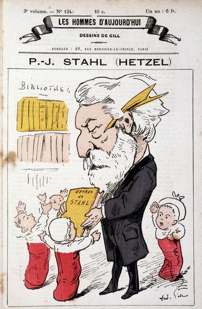 Porträttladdning av Pierre Jules Hetzel som erbjuder Stahls verk (hans pseudonym) till småbarn, ""The Men of Today"", n.d. sent 19:e. av Andre Gill