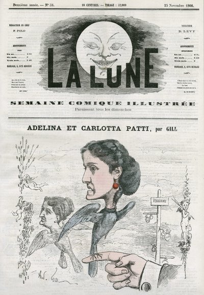 Porträtt av Adelina (1843-1919) och Carlotta Patti (1835-1889), italienska operasångare. Tecknad av Gill, i "Månen", 25 november av Andre Gill