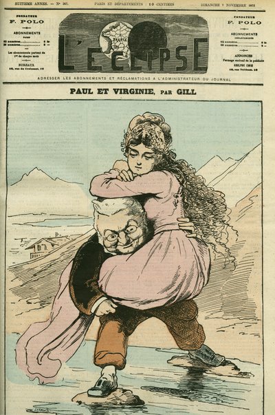 Porträtt av Adolphe Thiers (1797-1877), fransk historiker och politiker, representerad i "Paul et Virginie" (Republiken). Omslag i "" L