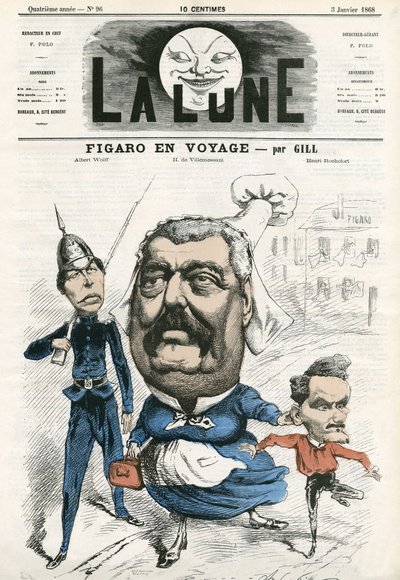 Porträtt av Albert Wolff, Hippolyte de Villemessant (1812-1879) och Henri Rochefort (1831-1913), journalister på Figaro. Tecknad av Gill, i "The Moon", 3 januari av Andre Gill