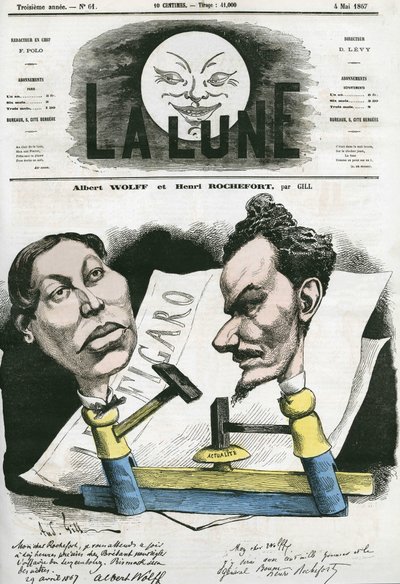 Porträtt av Albert Wolff och Henri Rochefort (1831-1913), fransk journalist och politiker. Tecknad av Gill, i "The Moon", 4 maj av Andre Gill