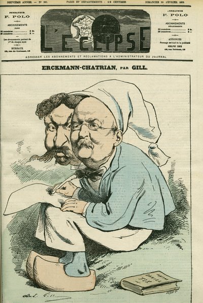 Porträtt av Alexandre Chatrian (1826-1890) och Emile Erckmann (1822-1899), känd som Erckmann-Chatrian, duo av franska romanförfattare. Omslag i "" L