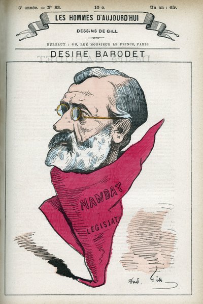 Porträtt av Desire Barodet (1823-1906), en fransk lärare och politiker, han var Senator på Seine från 1896 till 1900. Tecknad av Gill, Paris. av Andre Gill