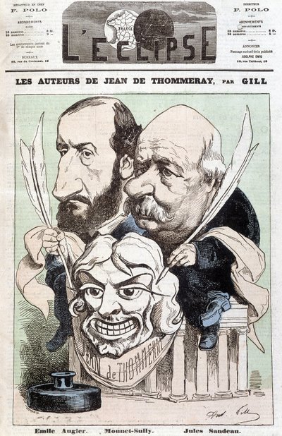 Porträtt av Emile AUGIER (1820-1889) och Jules SANDEAU (1811-1883), författare till pjäsen med titeln "" Jean de Pommeray", med en mask föreställande komikern Mounet-Sullys ansikte (Jean Sully Mounet, Mounet Sully) av Andre Gill