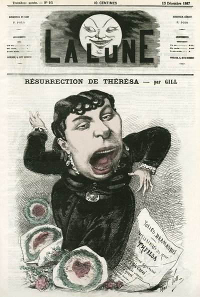 Porträtt av Emma Valladon dit Theresa (1837-1913), fransk operettsångerska. Tecknad av Gill, i "La Lune", 15 december av Andre Gill