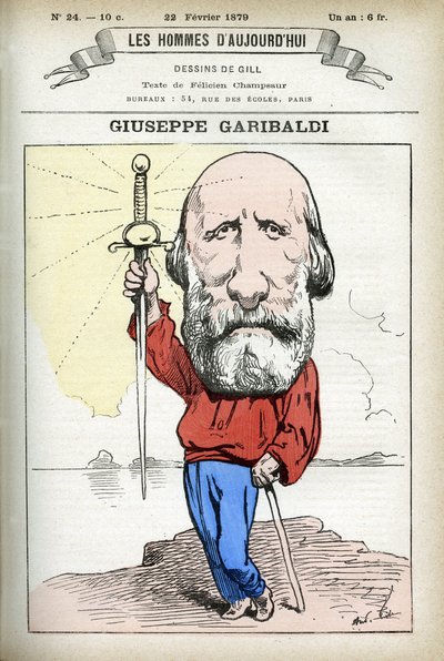 Porträtt av Giuseppe Garibaldi (1807-1882), italiensk politiker. Tecknad av Gill, i "Les Homme Today", Paris av Andre Gill