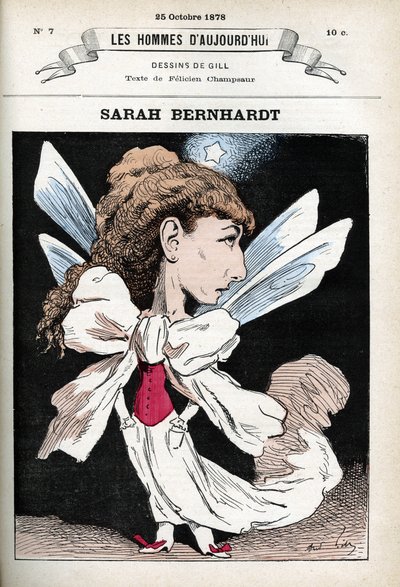 Porträtt av Henriette Rosine Bernard dit Sarah Bernhardt (1844-1923), fransk teaterskådespelerska. Tecknad av Gill, Paris. av Andre Gill