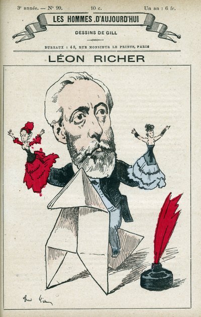 Porträtt av Leon Richer (1824-1911), en fransk journalist och intellektuell, han grundade Association pour le droit des femmes och Ligue francaise pour le droit des femmes 1882. Tecknad av Gill, Paris. av Andre Gill