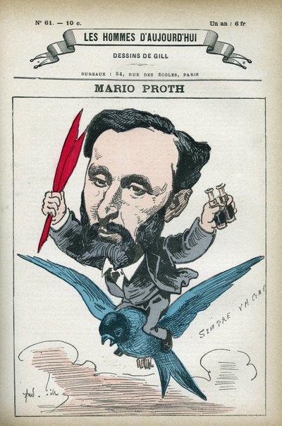 Porträtt av Mario Proth (1832-1891), fransk författare, litteraturkritiker och publicist. Tecknad av Gill, Paris. av Andre Gill