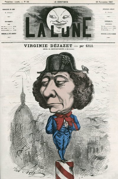 Porträtt av Virginie Dejazet (1798-1875), fransk skådespelerska i rollen som Bonaparte. Tecknad av Gill, i "La Lune", 10 november av Andre Gill