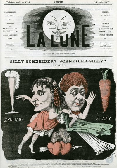 Silly-Schneider? Scheiner-Silly? , karikatyr av ett fragment av forntida målning. Tecknad av Gill, i "La Lune", 20 januari av Andre Gill