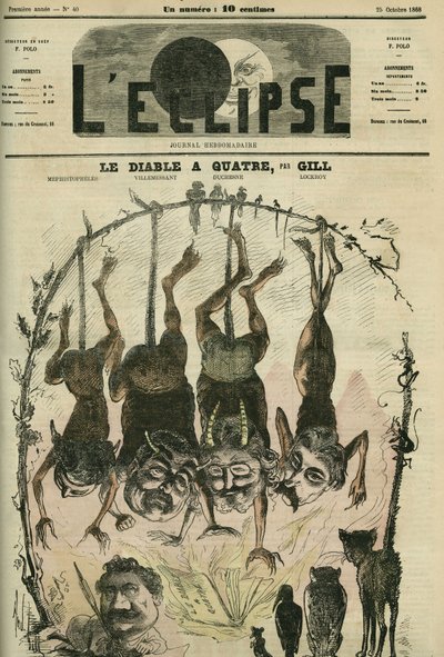 Djävulen har fyra politiska broschyrer omgjorda av Mephistopheles (Mephisto) alias Wolff, Villemessant, Duchesne, Lockroy och hans serietecknare Benassit. Omslag i "" L