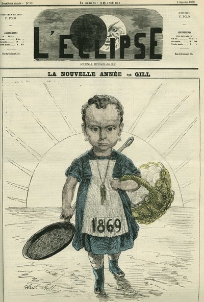 Det nya året, illustration av en liten flicka som håller en spis och en korg med ägg. Omslag i "" L