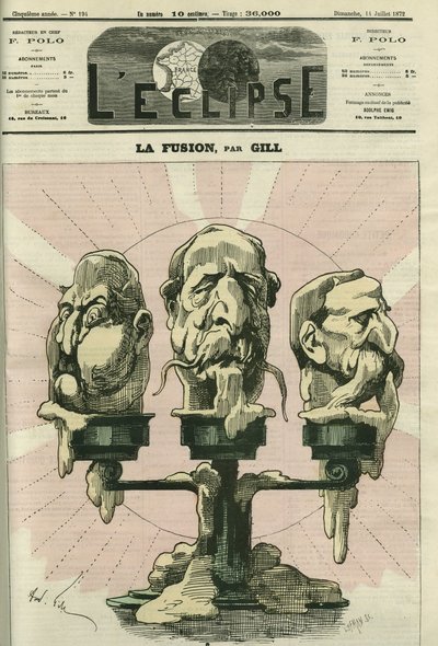 Fusionen, en illustration av konstitutionen av församlingen, med rojalister, bonapartister och republikaner. Omslag i "" L
