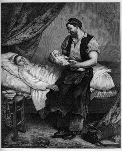 Den nya (nyfödda). Gravyr efter målningen av Andre Gill (1840-1885) i ""The Illustrous World"" nr 1283 den 29 oktober av Andre Gill