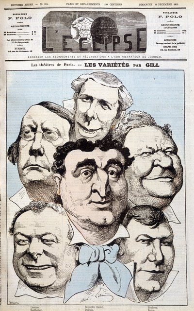 Porträtten av Léonce, Berthelier, Poppy Cadet, Dupuis, Pradeau och Baron, teaterförfattare. Tecknad av Gill i "" L