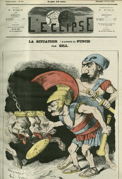 Situationen, tecknad av Adolphe Thiers (1797-1877) och Leon Gambetta (1838-1882) som ger en tjänst till rojalistiska och bonapartistiska hundar. Omslag i "" L