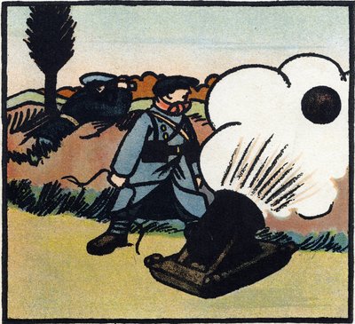 Första världskriget 1914-1918 (14-18): Bombkastare. En fransk soldat skickar bomber mot fienden med en kanon. Gravyr i "Alfabetet från det stora kriget 1914-1916 (för våra soldaters barn)". Editions Berger-Levrault av Andre Helle