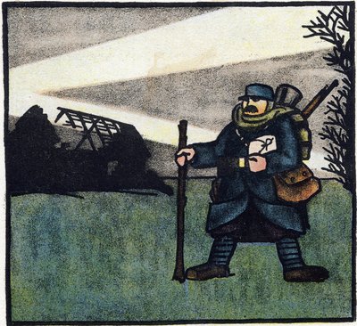 Första världskriget 1914-1918 (14-18): Hårig. Porträtt av fransk armésoldat i militäruniform med ryggsäck, väska och gevär. Gravyr i "Alfabetet från första världskriget 1914-1916 (för våra soldaters barn)". Utgåvorna Berger-Levrault av Andre Helle