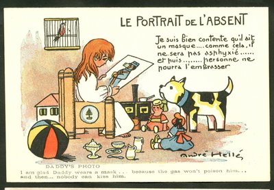 Vykort, färg Satirisk: Porträttet av den frånvarande - Kriget 14-18, barndomsillustration av Andre Helle (1875-1945) av Andre Helle