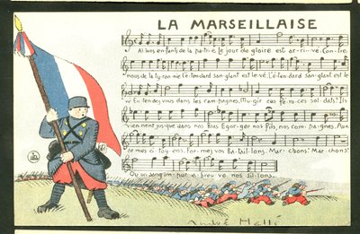 Vykort, satirisk i färger: La Marseillaise - Kriget 14-18, Marseillaise, sjungande Illustration av Andre Helle (1875-1945) av Andre Helle