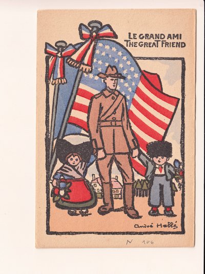 Vykort, satirisk i färger: Le grand ami den store vännen - Kriget 14-18, Amerika, Alsace Lorraine Illustration av Andre Helle (1875-1945) av Andre Helle