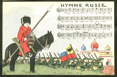 Vykort, satiriskt i färger: Ryska hymnen - Kriget 14-18, Ryssland, sjunger - Soldater Illustration av Andre Helle (1875-1945) av Andre Helle