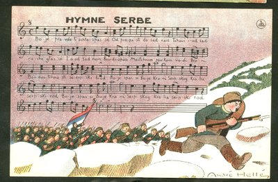 Vykort, satiriskt i färger: Serbiska hymnen - kriget 14-18, sång, Serbien - soldater Illustration av Andre Helle (1875-1945) av Andre Helle