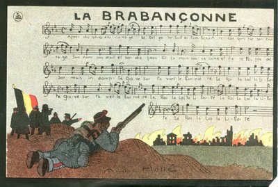 Vykort, satiriskt i färger, ca 1915: La brabanconne - Kriget 14-18, Belgien, Chant - Soldater Illustration av Andre Helle (1875-1945) av Andre Helle
