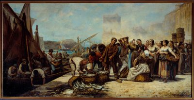 Fiskarnas ankomst till Quai Saint Jean i Marseille Målning av Andre Marius Guindon (1830-?) 1800-talets Marseille, Museum of Fine Arts av Andre Marius Guindon