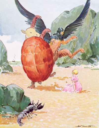 Alice, the Gryphon and the Mock Turtle, illustration från "Alice in Wonderland" av Lewis Carroll (1832-98) publicerad av Editions Delagrave, Paris av Andre Pecoud