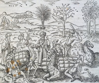 Arabiska köpmän i Syrien, gravyr från Universal Cosmology, av Andre Thevet (1504-1592) av Andre Thevet