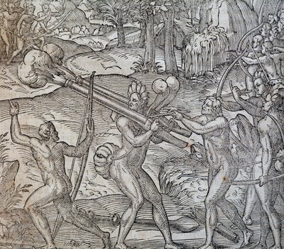 Strid mellan infödda i Kanada, gravyr från Cosmographie Universelle, av Andre Thevet, Paris 1575 av Andre Thevet