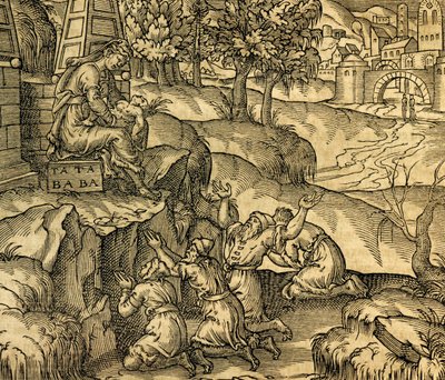 Trofast tillbedjande gudinnan Tata Baba i regionen Muscovy, gravyr från Cosmographie Universelle, av Andre