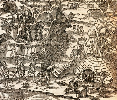 Indiska slavar som arbetar i gruvan på Kuba, Illustration från Cosmography av Andre Thevet, gravyr av Andre Thevet