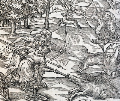 Indianers galtjakt, gravyr från Universal Cosmology, av Andre Thevet (1504-1592), Paris av Andre Thevet
