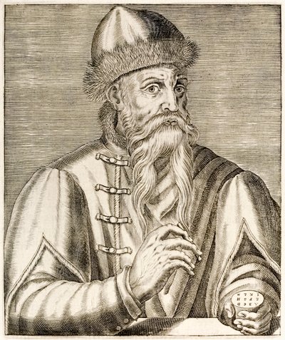 Johannes Gutenberg: tysk uppfinnare vars uppfinning av den rörliga tryckpressen startade tryckrevolutionen, från True Portraits av André Thévet publicerad 1584 av Andre Thevet