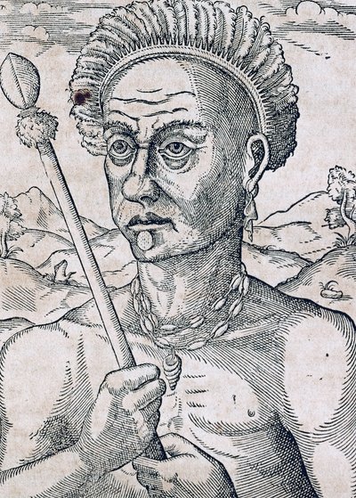 King Quoniambec, Brasilien, gravyr från Universal Cosmology, av Andre Thevet (1504-1592), Paris av Andre Thevet