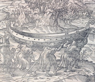 Laplanders som bär sina båtar från en plats till en annan, gravyr från Universal Cosmology, av Andre Thevet (1504-1592), Paris av Andre Thevet