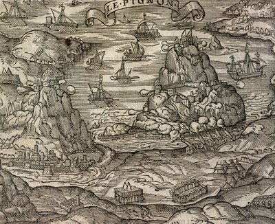 Sjöstrid nära ön Le Pignon, gravyr från Cosmographie universelle, av Andre Thevet (1504-1592), Paris av Andre Thevet